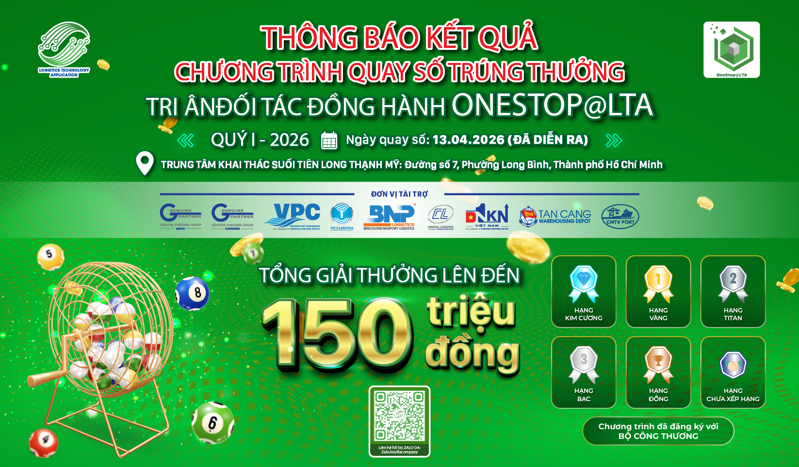 📢 [THÔNG BÁO] KẾT QUẢ CHƯƠNG TRÌNH QUAY SỐ TRÚNG THƯỞNG “TRI ÂN ĐỐI TÁC ĐỒNG HÀNH ONESTOP@LTA”
